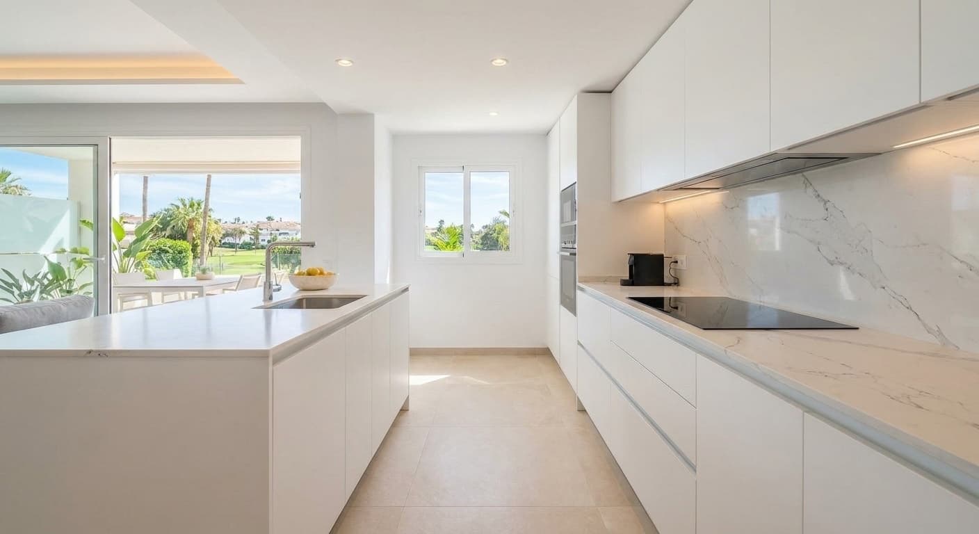 White handleless kitchen with integrated Samsung appliances