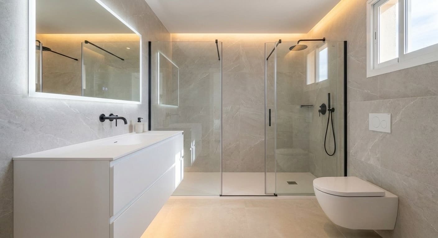 Bathroom — Calacatta 60×120 cm full-height tiles and LED mirror