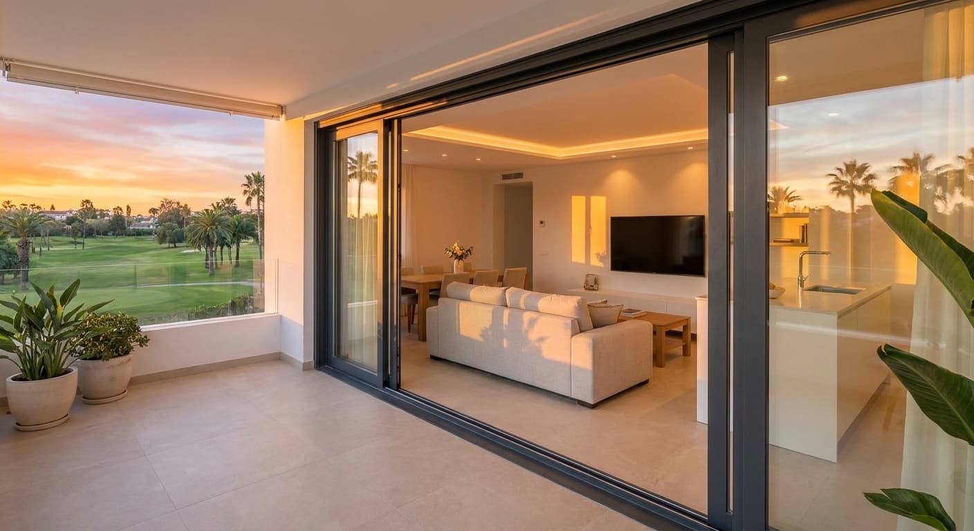 Terrace at sunset — floor-to-ceiling sliding doors and golf course view