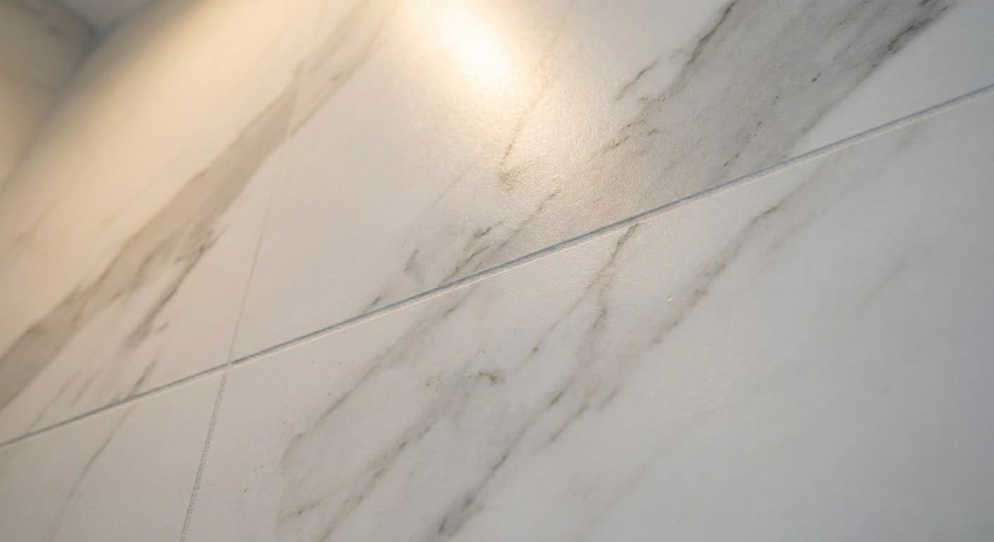 Calacatta porcelain wall surface — grey veining macro