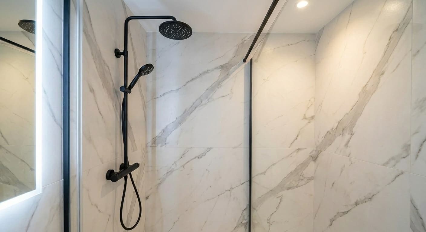 Roca Raindream dual shower column on Calacatta wall