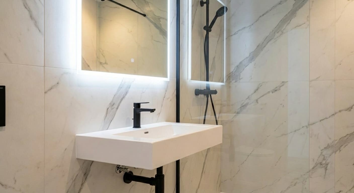 Backlit LED mirror and matte black basin mixer