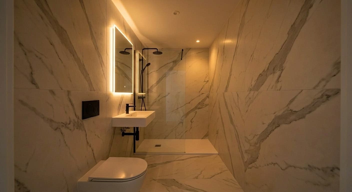 Evening mood — backlit LED mirror and amber ceiling lights