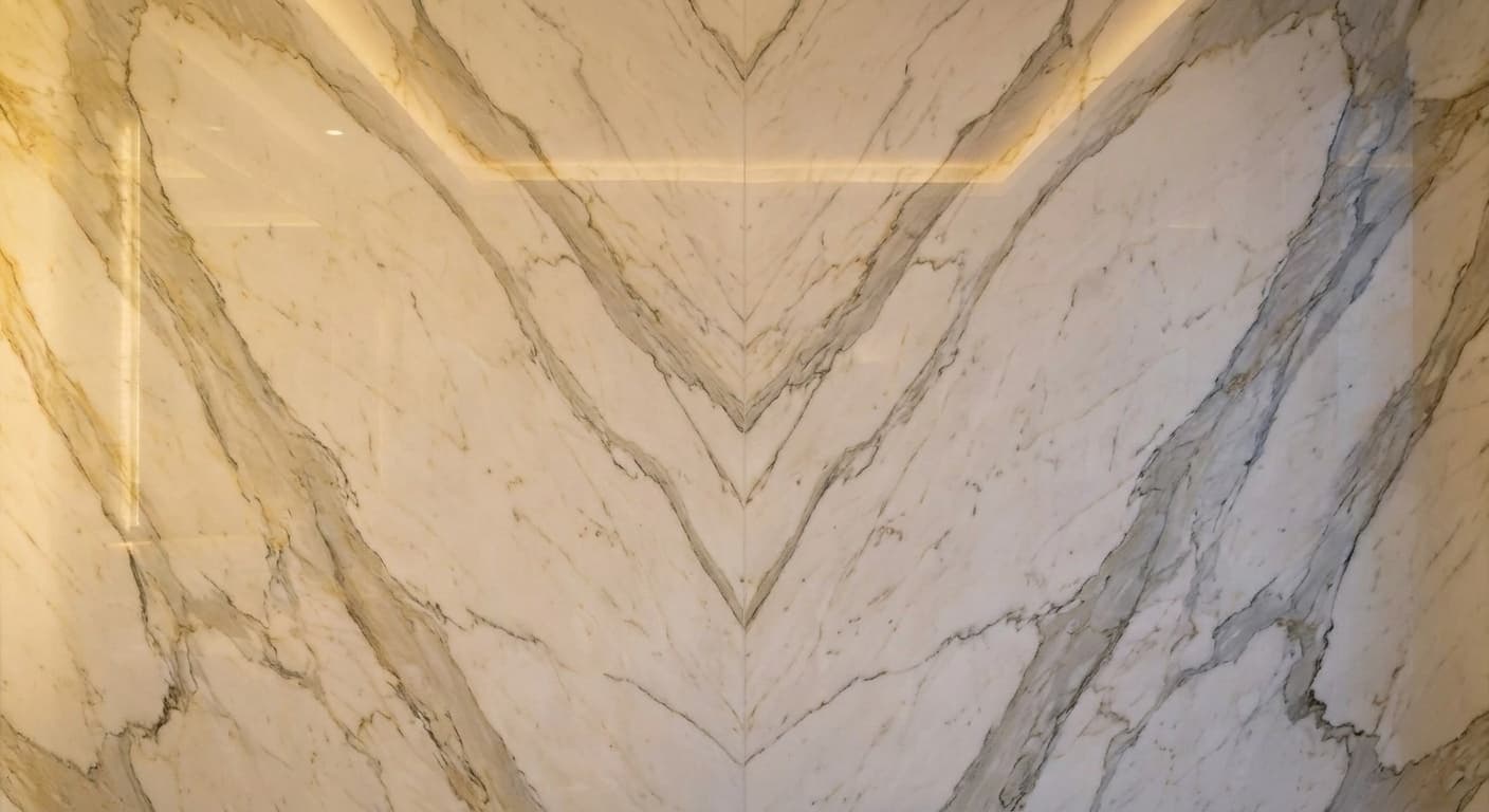 Book-matched Statuario Venato marble — mirror-image veining at the panel joint