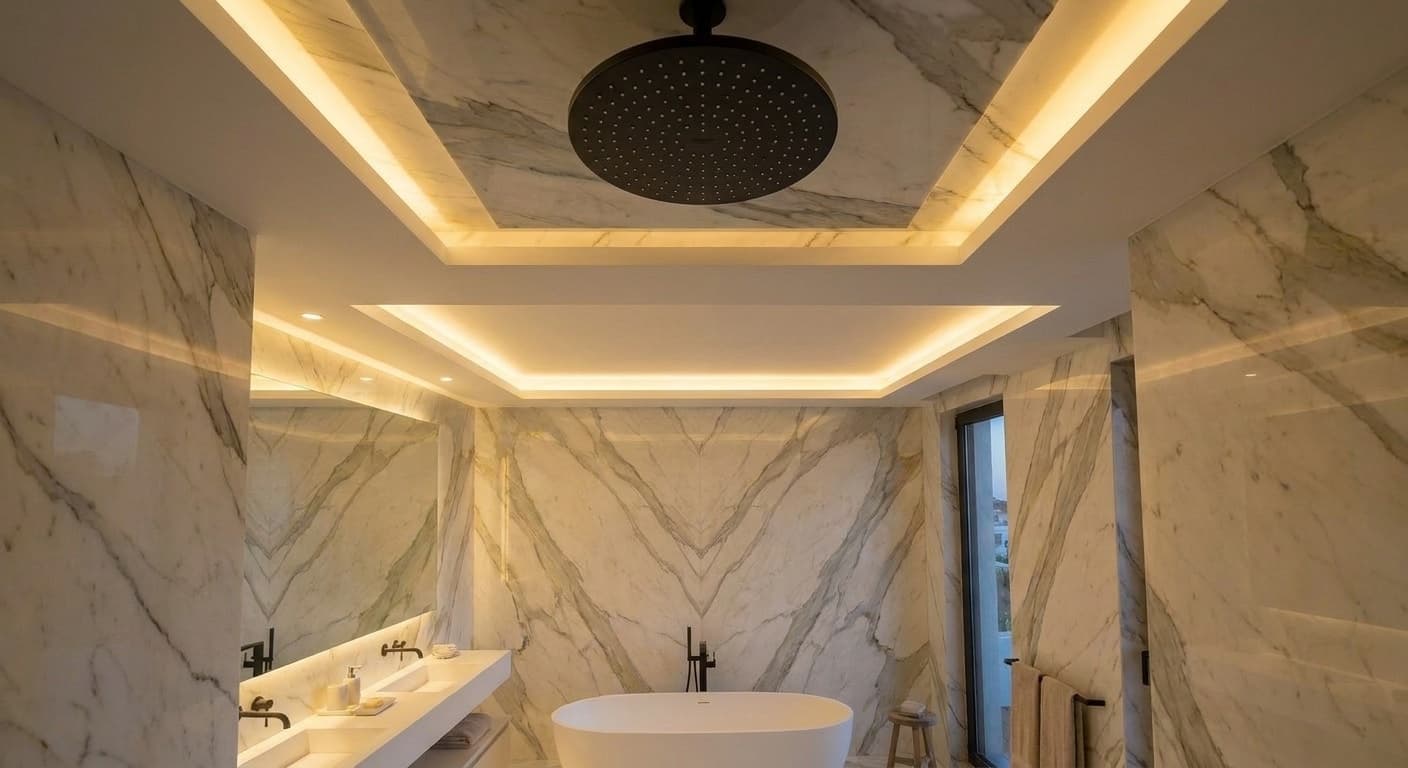 Grohe Rainshower ceiling shower head — recessed flush in marble