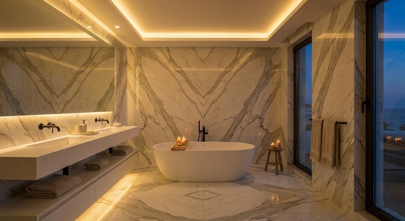 Evening atmosphere — amber LED glow on Statuario marble