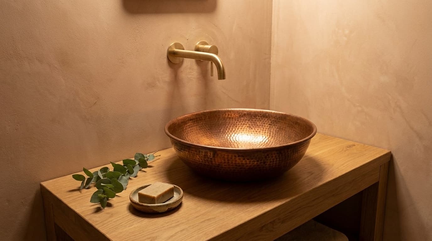 Hammered copper basin and oak vanity — wabi-sabi detail