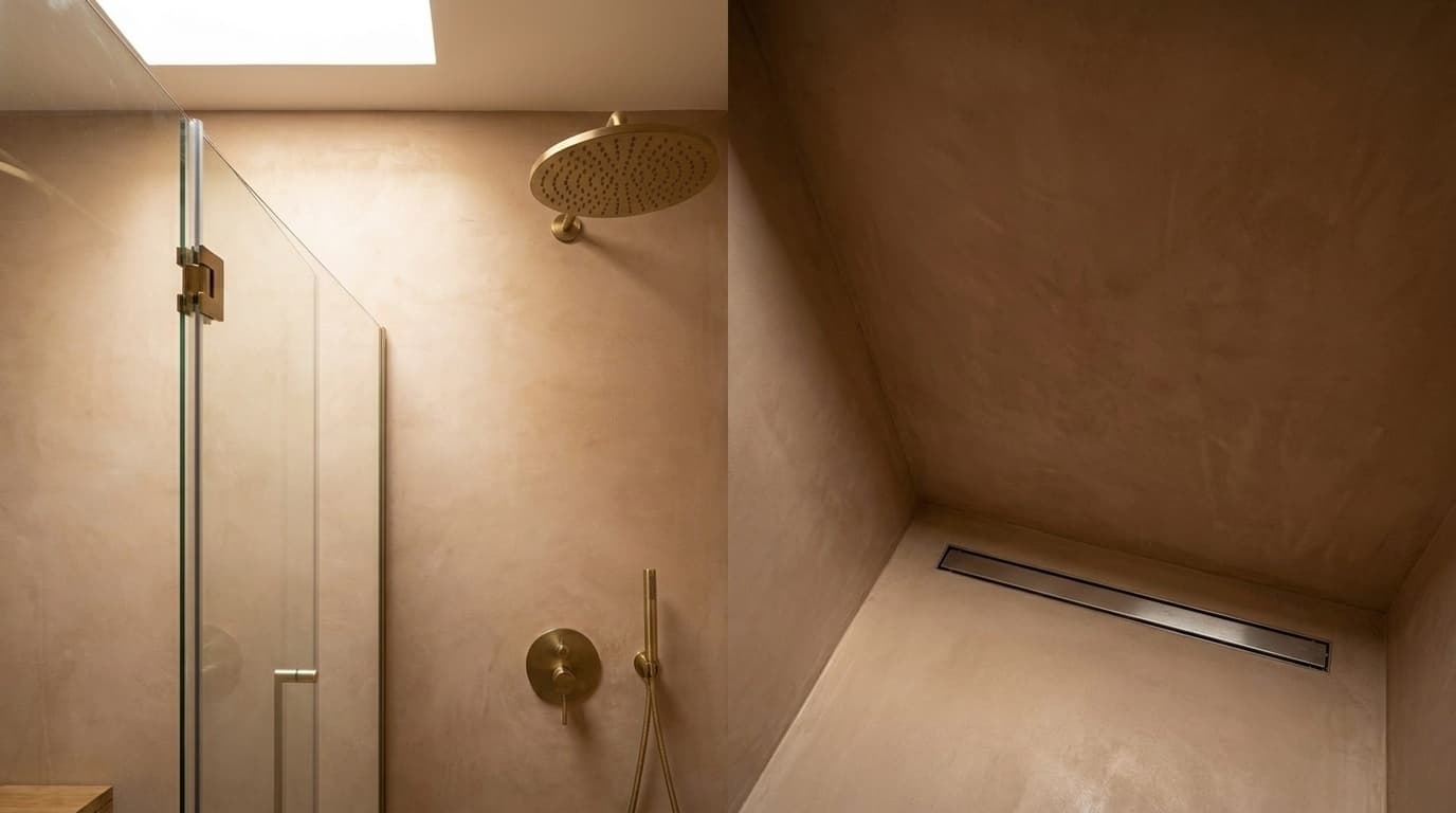 Walk-in shower with brass rainfall head and tadelakt walls