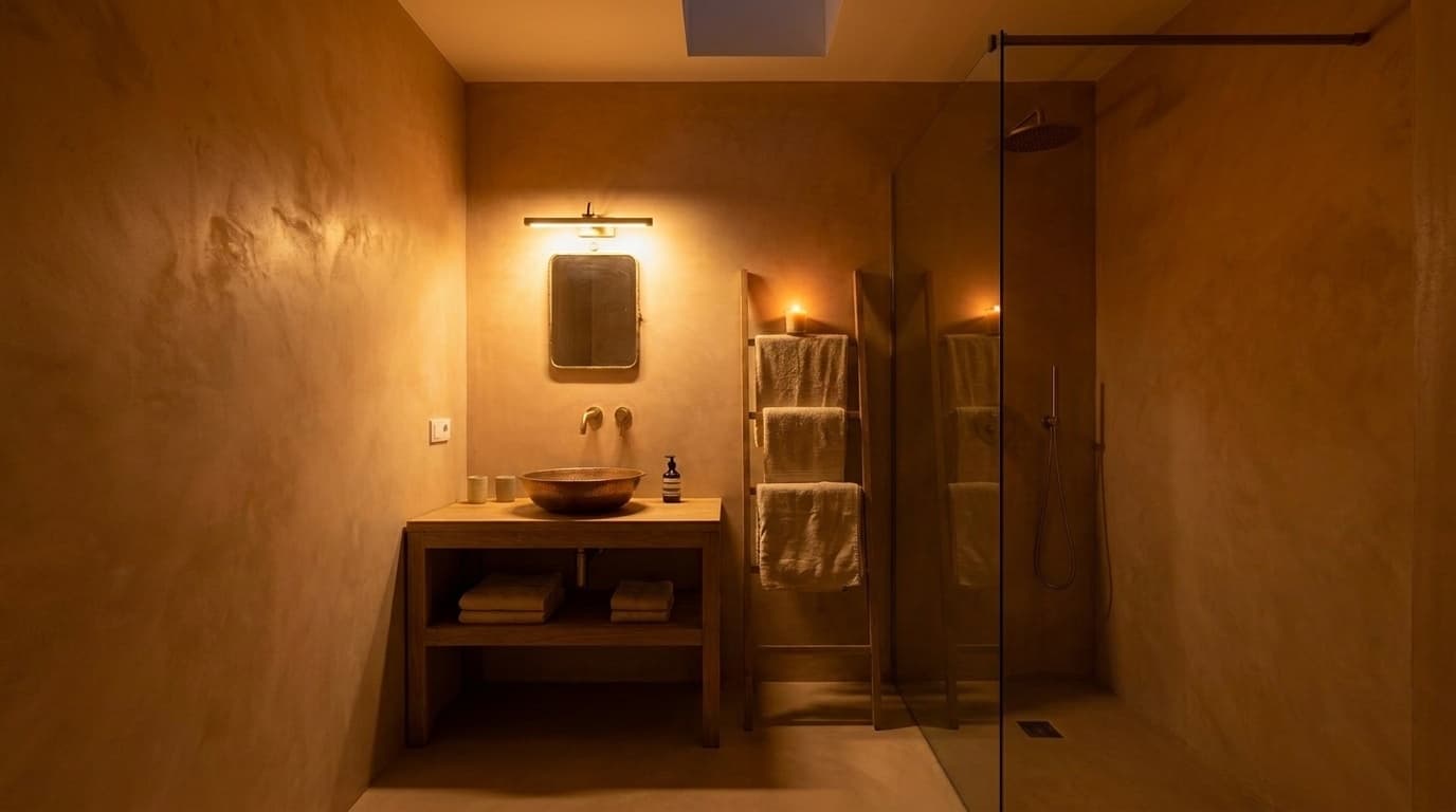 Bathroom at evening — brass picture light + candle on oak shelf