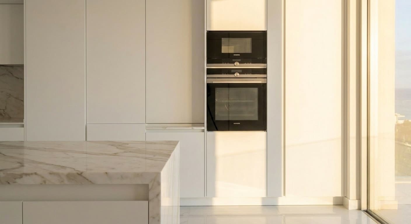 Siemens iQ700 appliance tower — oven and microwave in white lacquered surround