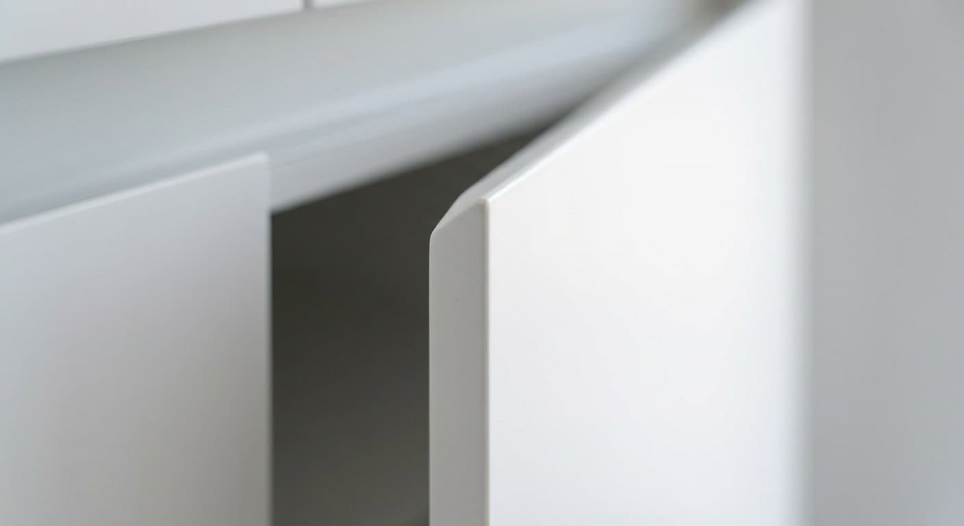 Handleless cabinet door edge — push-to-open lacquer detail