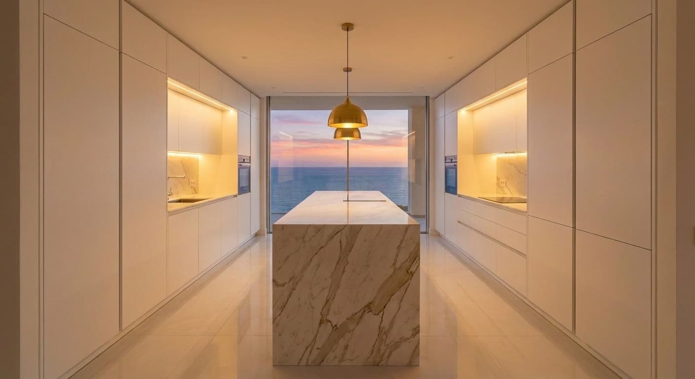 Evening mood — under-cabinet LED and brass pendants