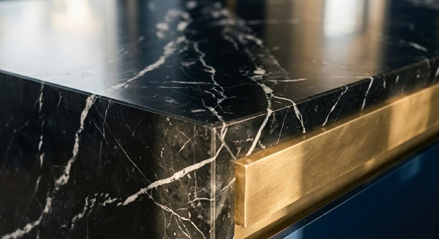 Nero Marquina Extra — bold white veining on jet-black marble