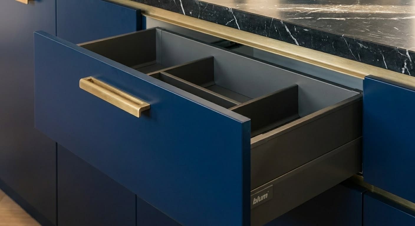 Navy lacquer drawer with brushed brass Legrabox interior