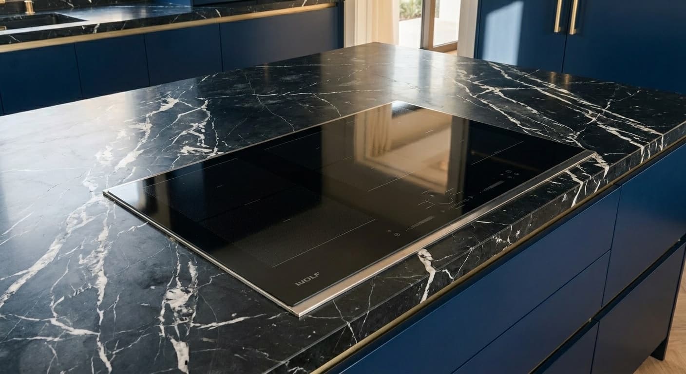 Wolf induction cooktop flush in Nero Marquina marble