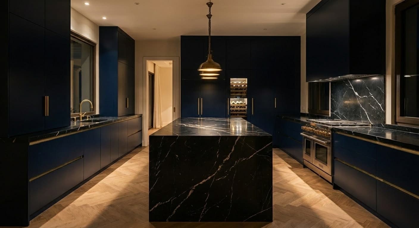 Night atmosphere — Tom Dixon brass pendants and amber under-cabinet glow