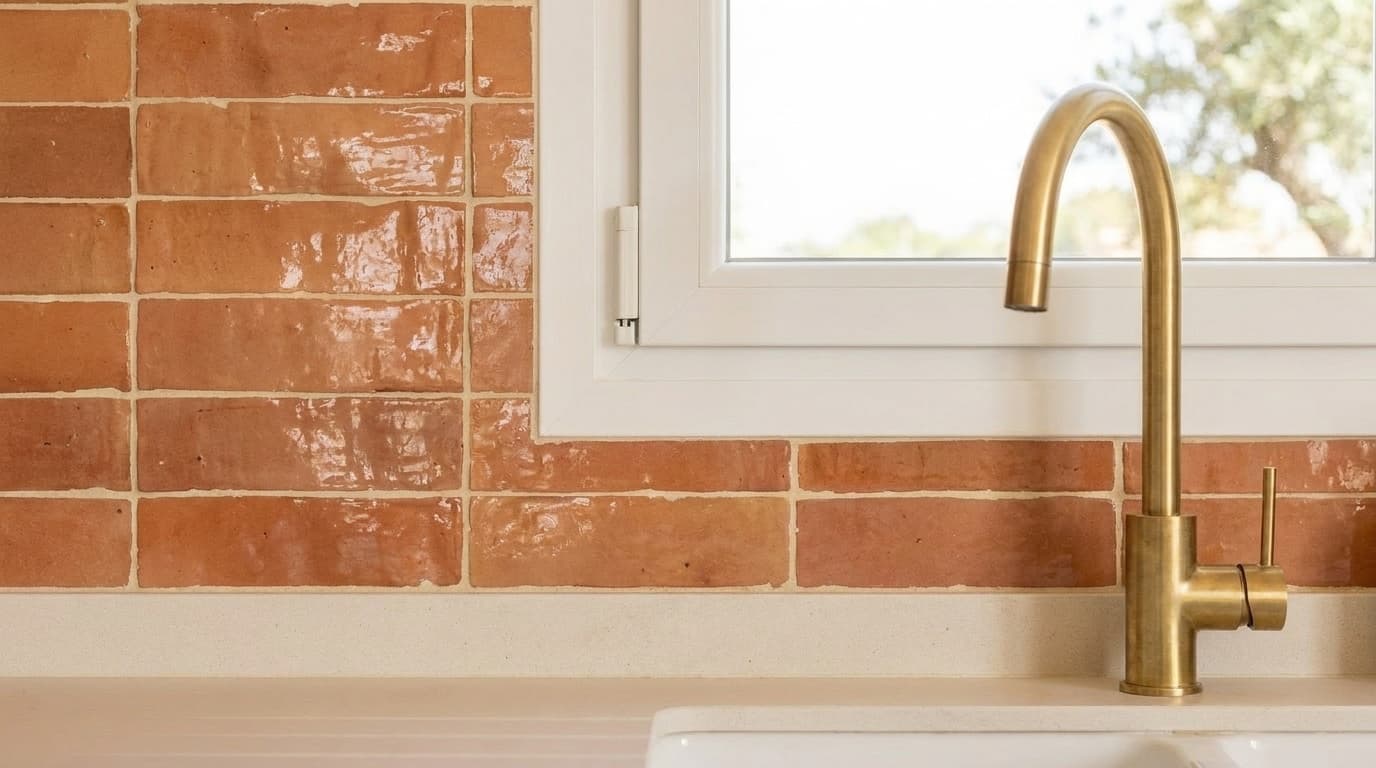 Handmade terracotta zellige splashback — close-up
