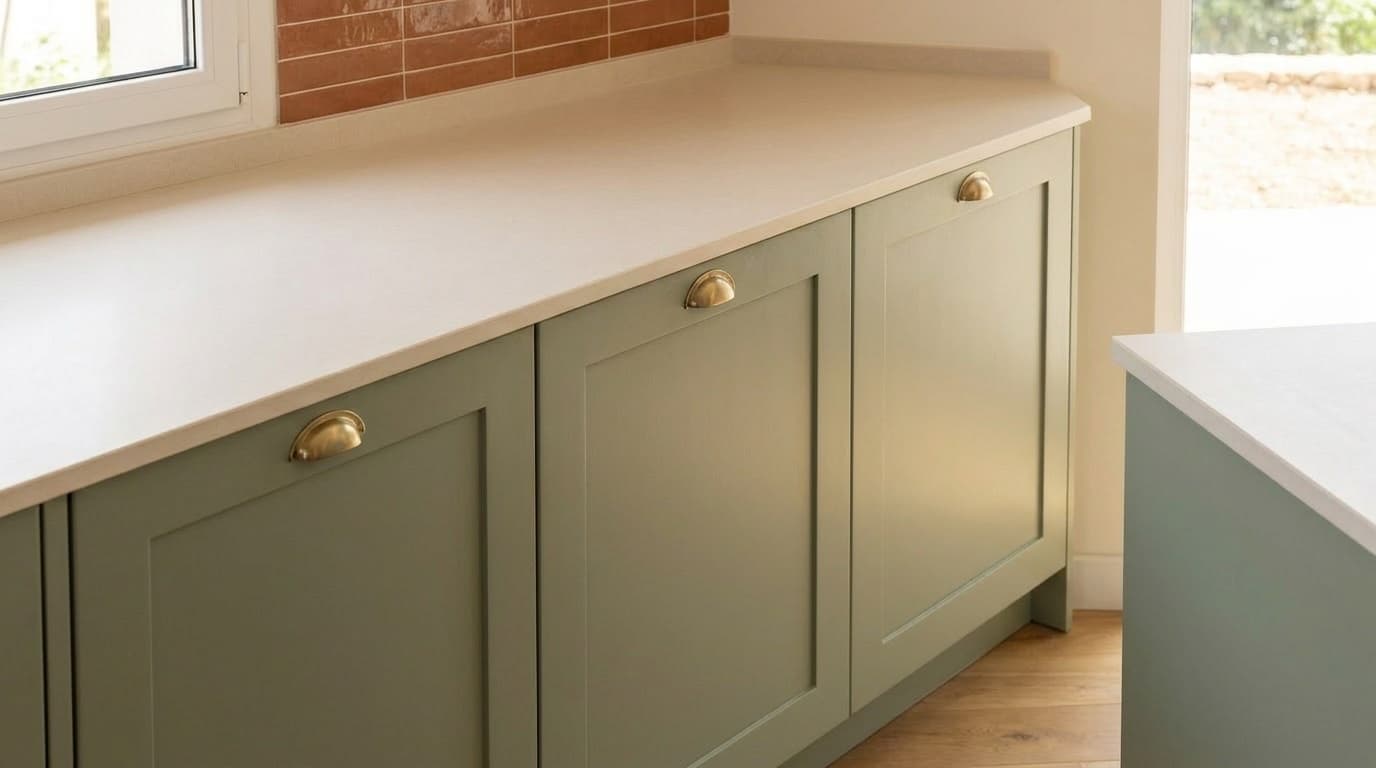 Sage green lower cabinets with brushed brass cup-handles