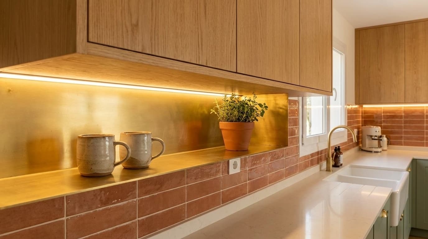 Solid oak upper cabinetry with under-cabinet brass shelf