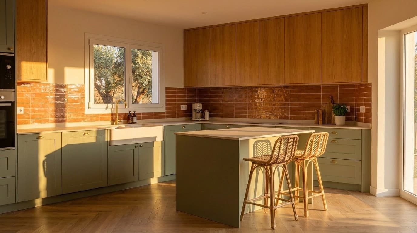 Kitchen at golden hour — warm side-light through window