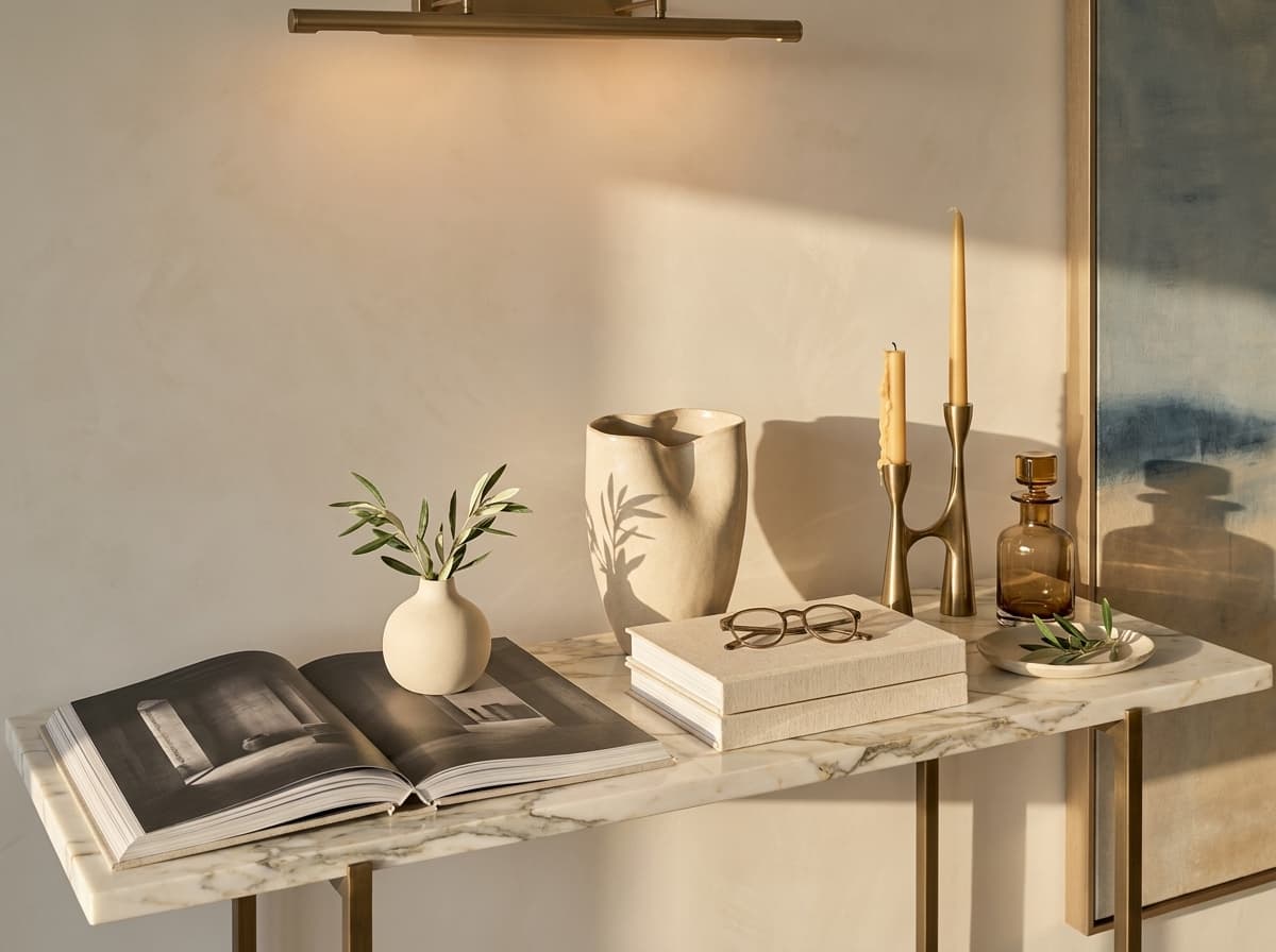 Console still-life — travertine tray, ceramics and books