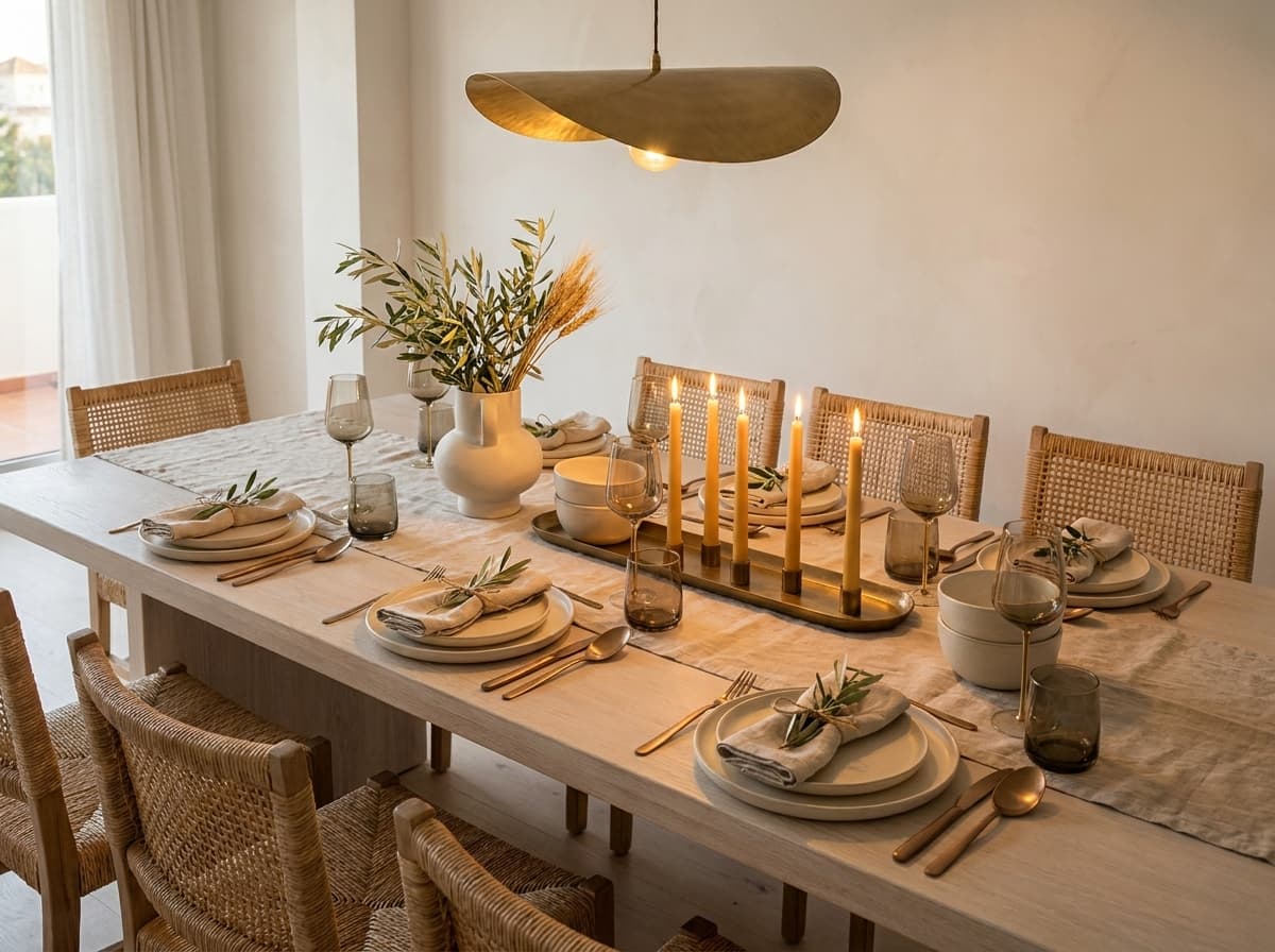 Dining table dressed for six with cream linen and olive branches