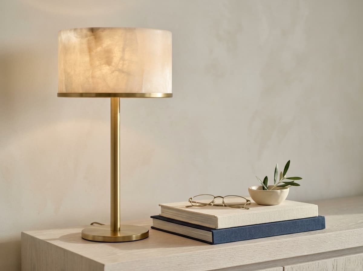 Alabaster-and-brass table lamp — material join close-up