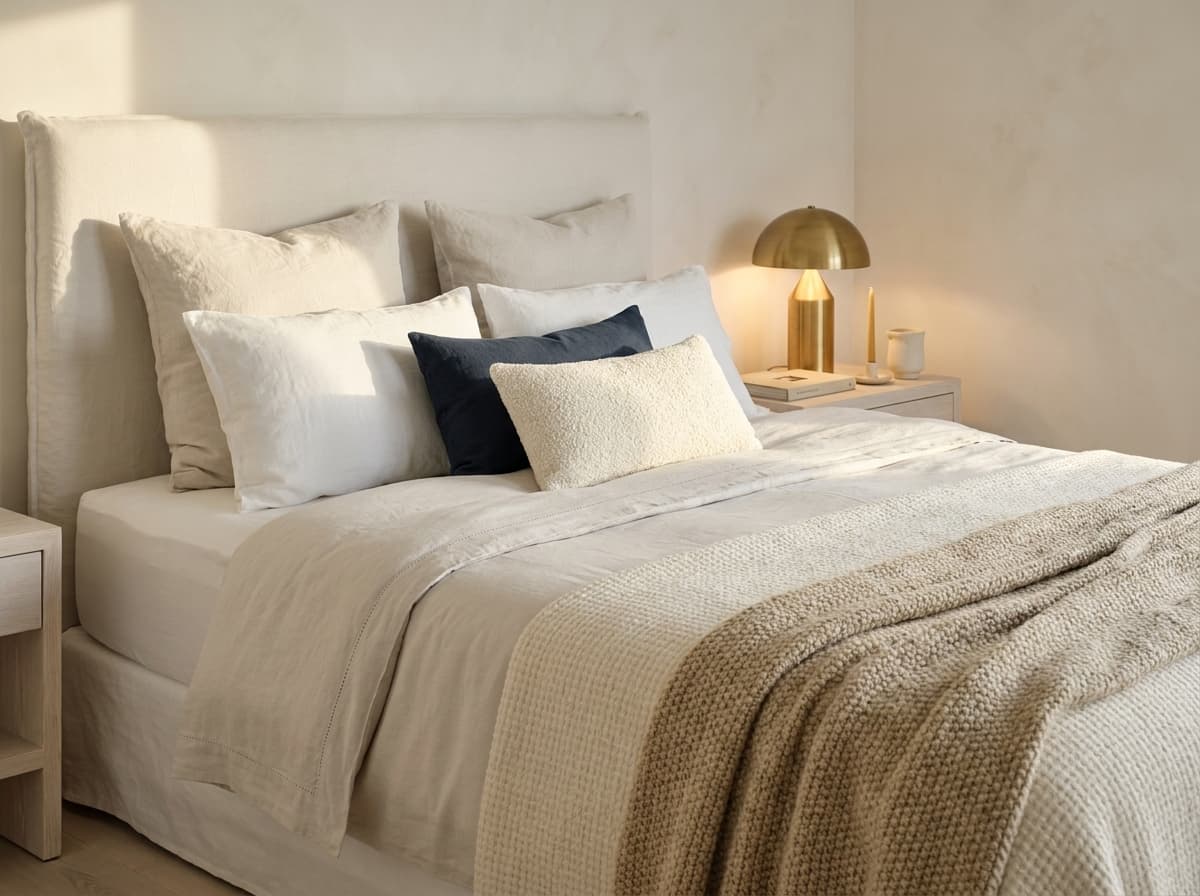Master bed — layered linen, cashmere and a single thread of navy