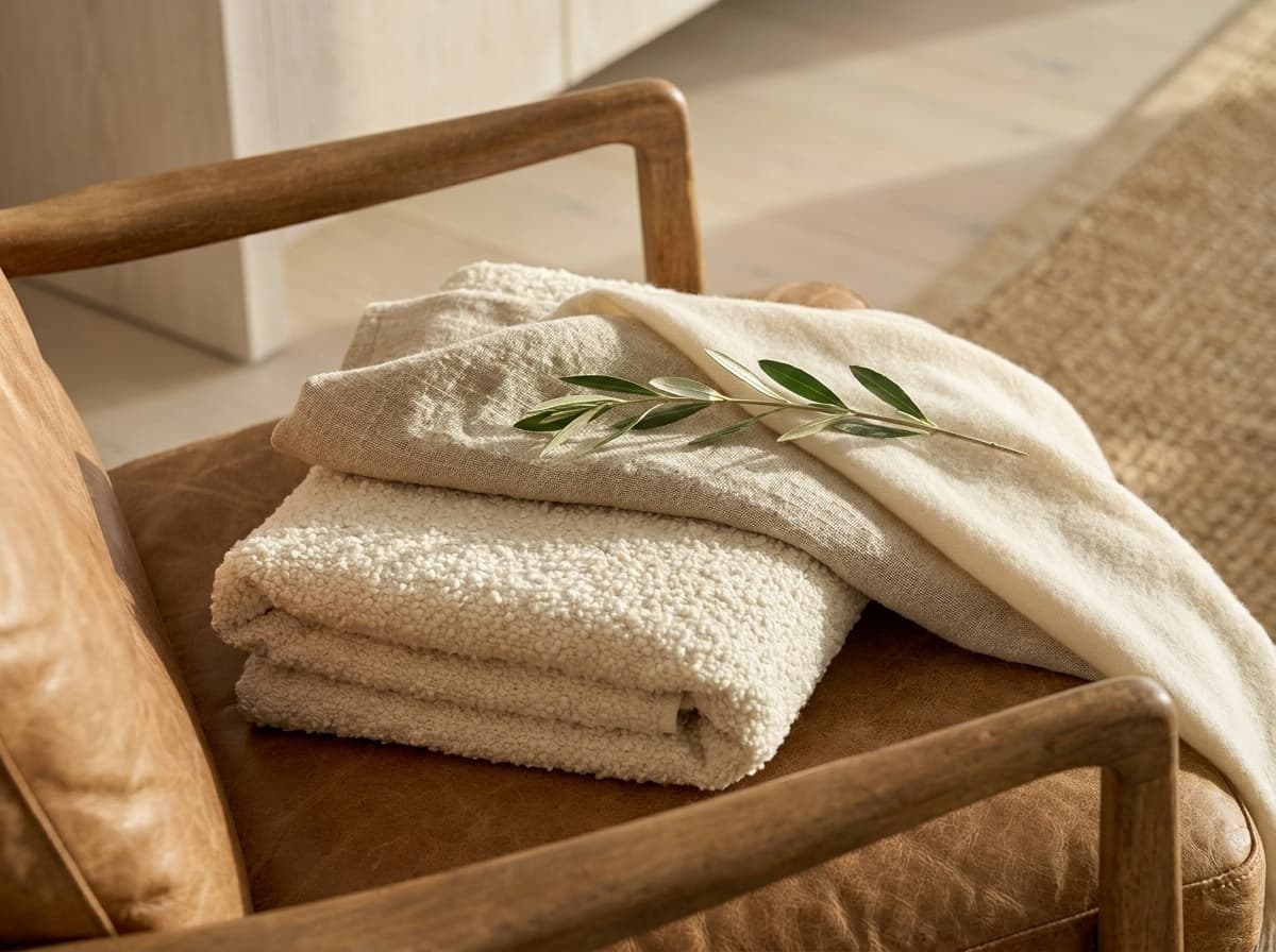 Texture macro — bouclé, linen and cashmere on whitewashed oak