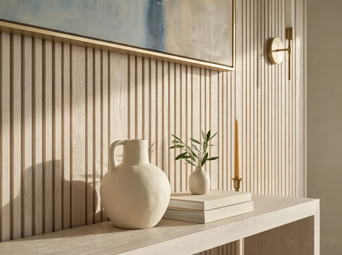 Whitewashed oak slat accent wall — vertical rhythm catching coastal light