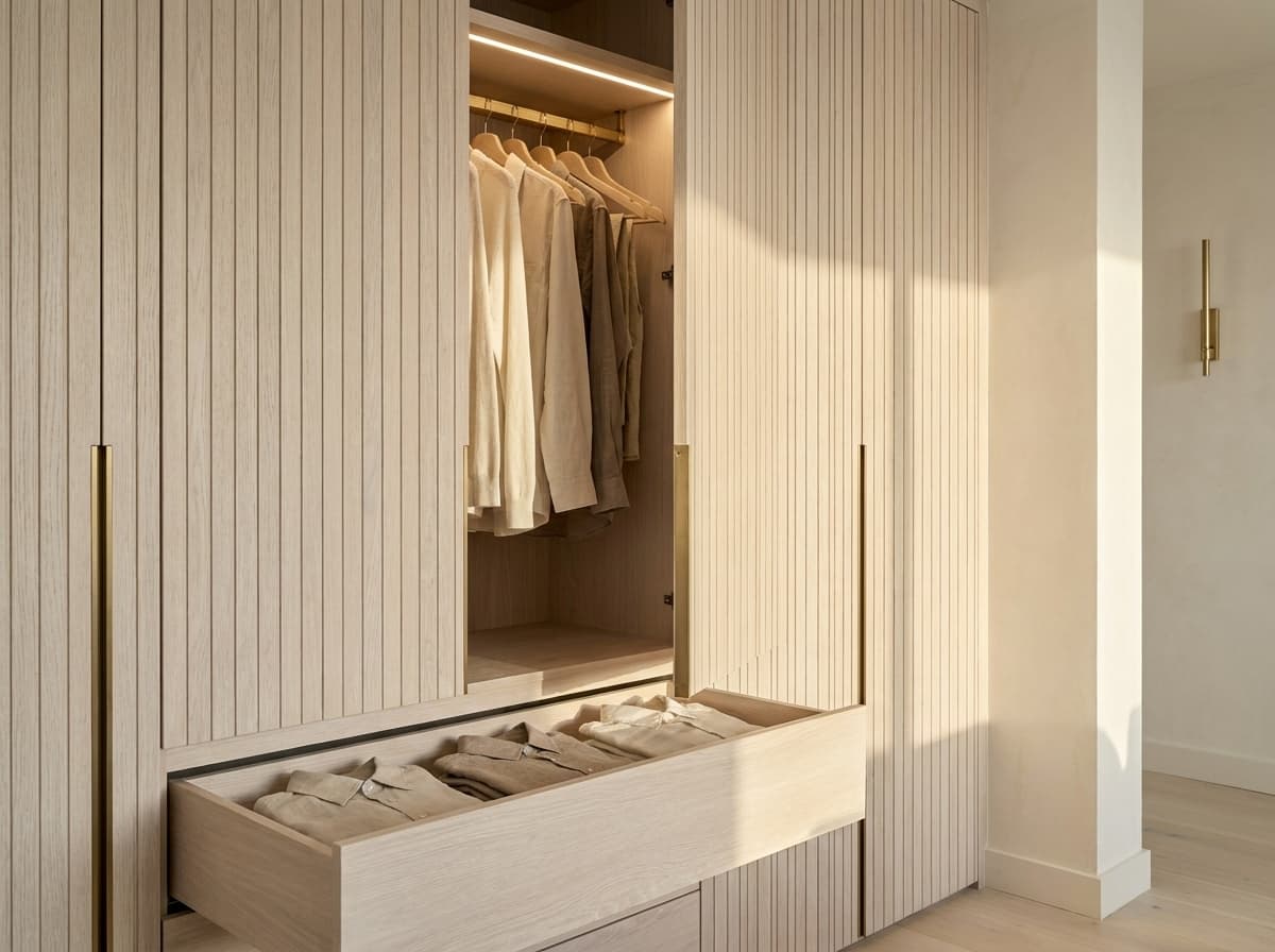 Master built-in wardrobe — whitewashed oak with smoked-bronze handle channels