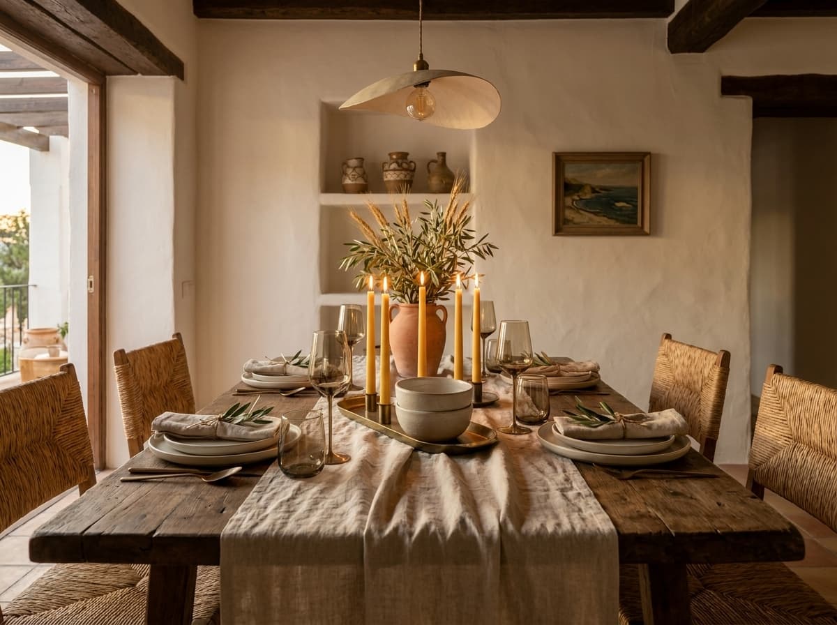 Dining table dressed for six on cane chairs with olive branches and dried wheat