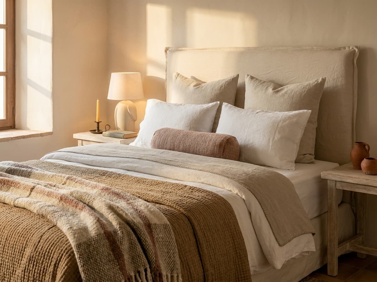 Master bed — hand-loomed linen, wool and a thread of dusty rose