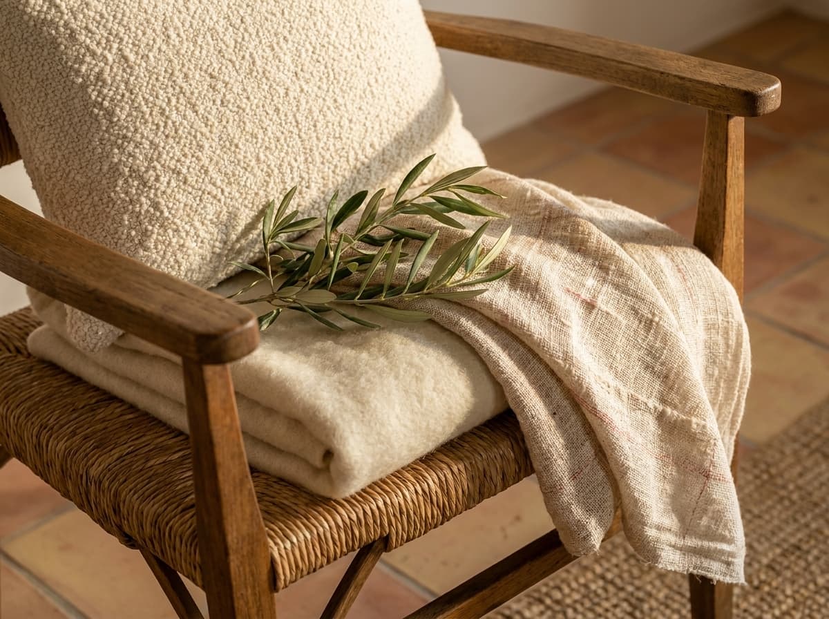 Texture macro — hand-spun wool throw on cream linen on terracotta