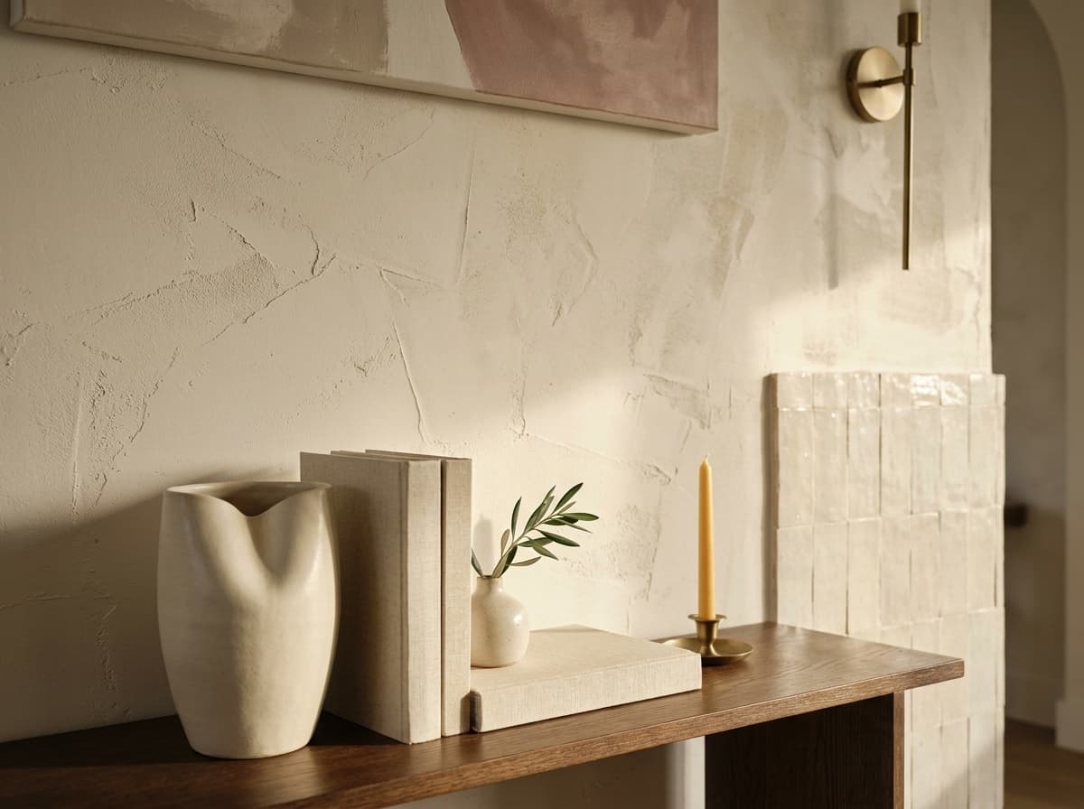 Cream zellige fireplace alcove against thick lime-plastered wall