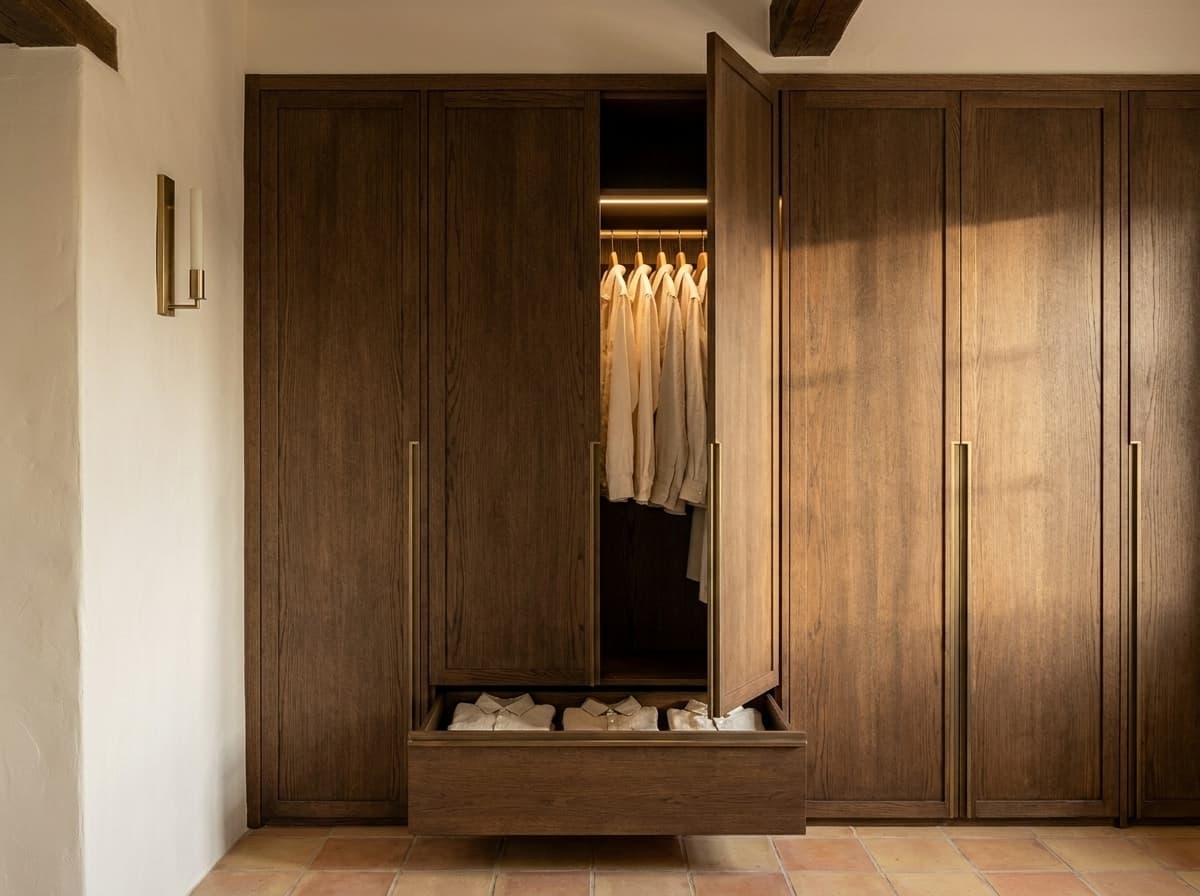 Bedroom wardrobe — sun-dried Spanish oak with hand-forged iron pulls