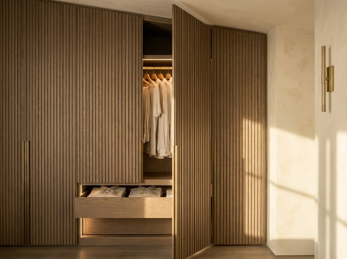 Bedroom built-in wardrobe — fluted glass and integrated LED