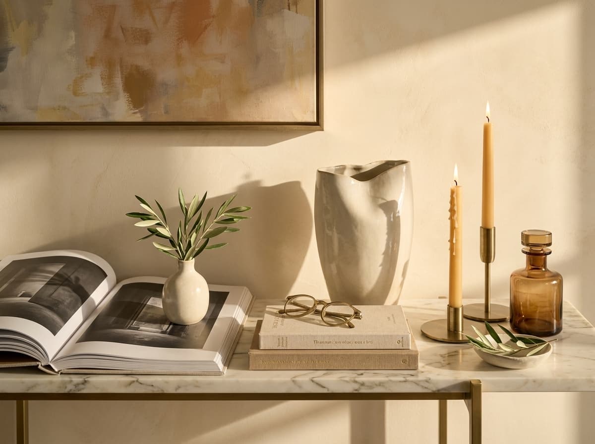 Console still-life — Calacatta tray, ceramics and hand-bound books