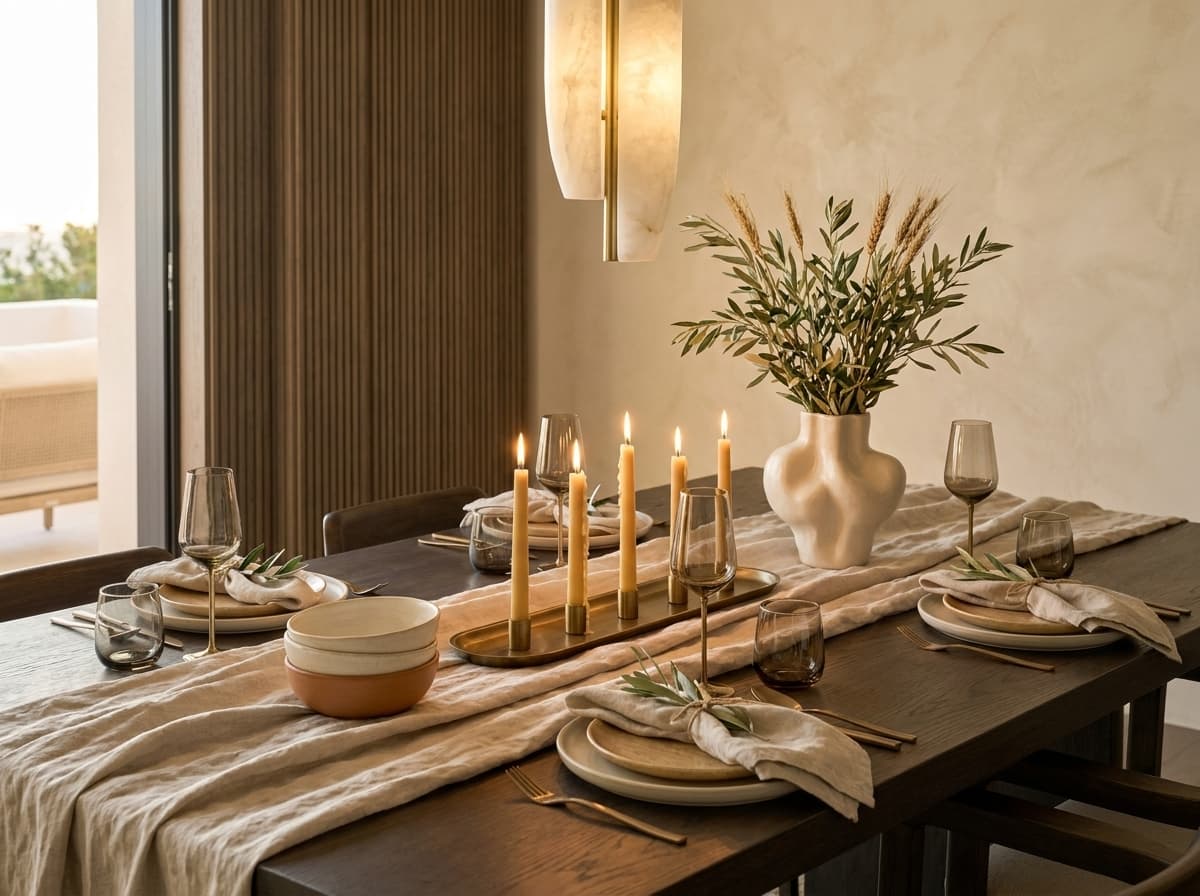 Dining table dressed for six with linen runner and olive branches