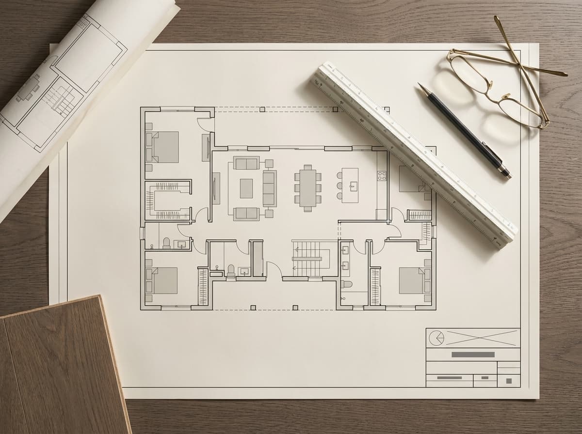Issued ground-floor furniture plan with material samples on top