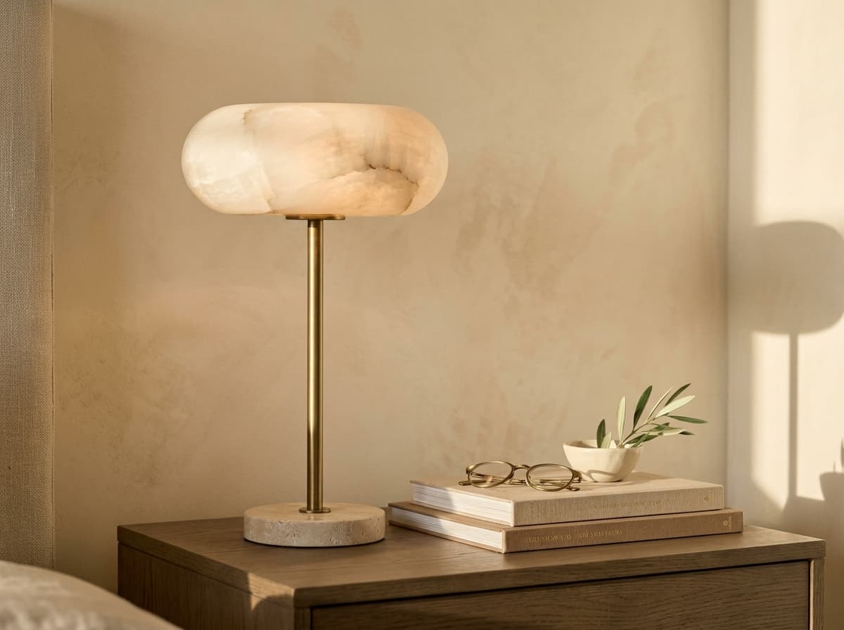 Alabaster-and-brass table lamp — close-up showing material join