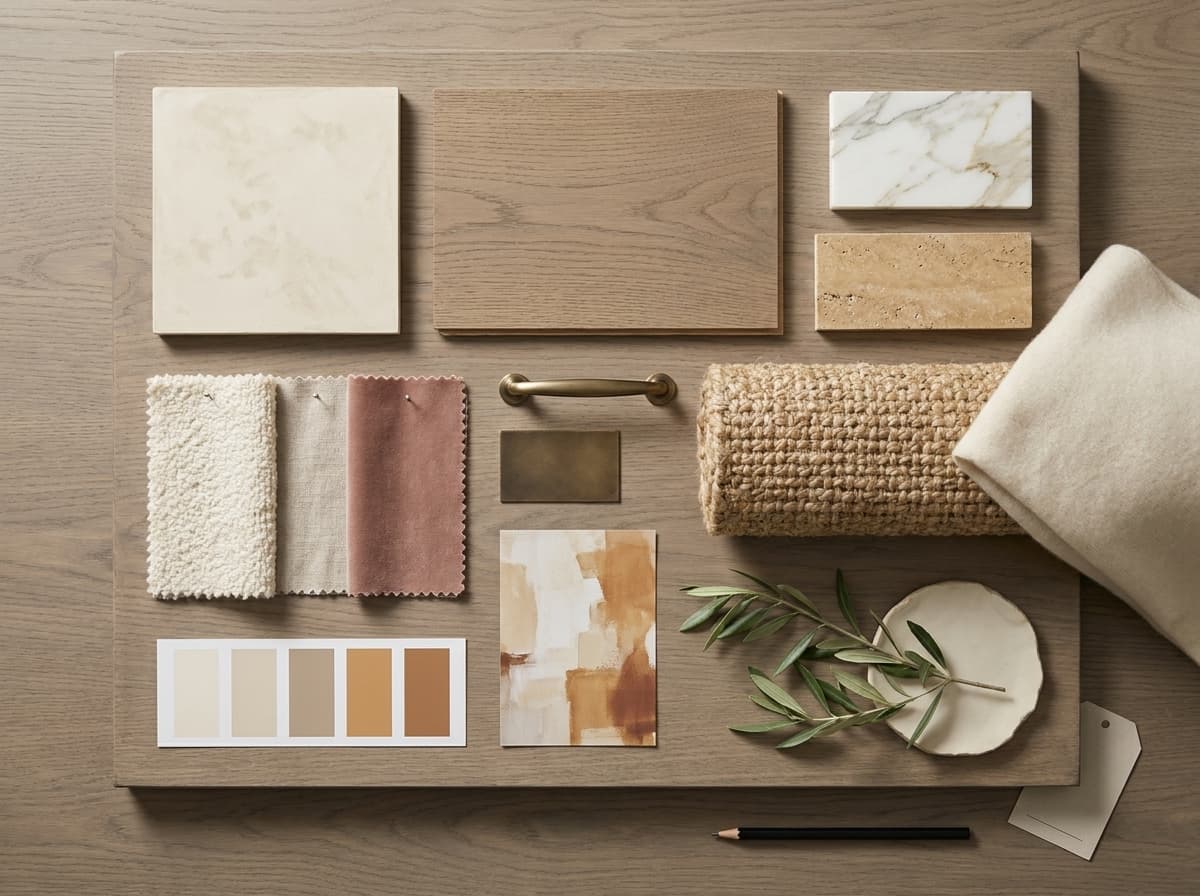 Project moodboard — flat-lay of Calacatta, oak, bouclé, brass and limewash samples