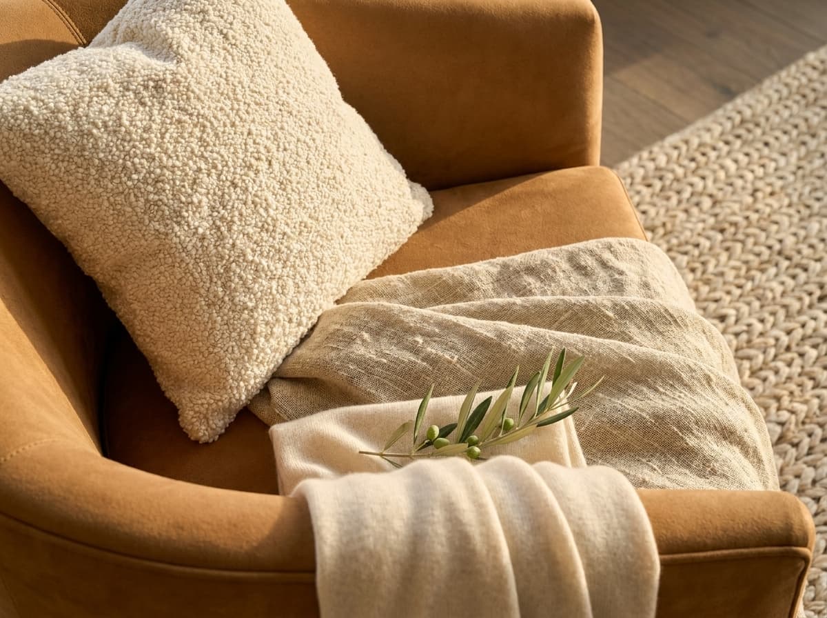 Texture macro — boucle, linen and cashmere on a suede chair