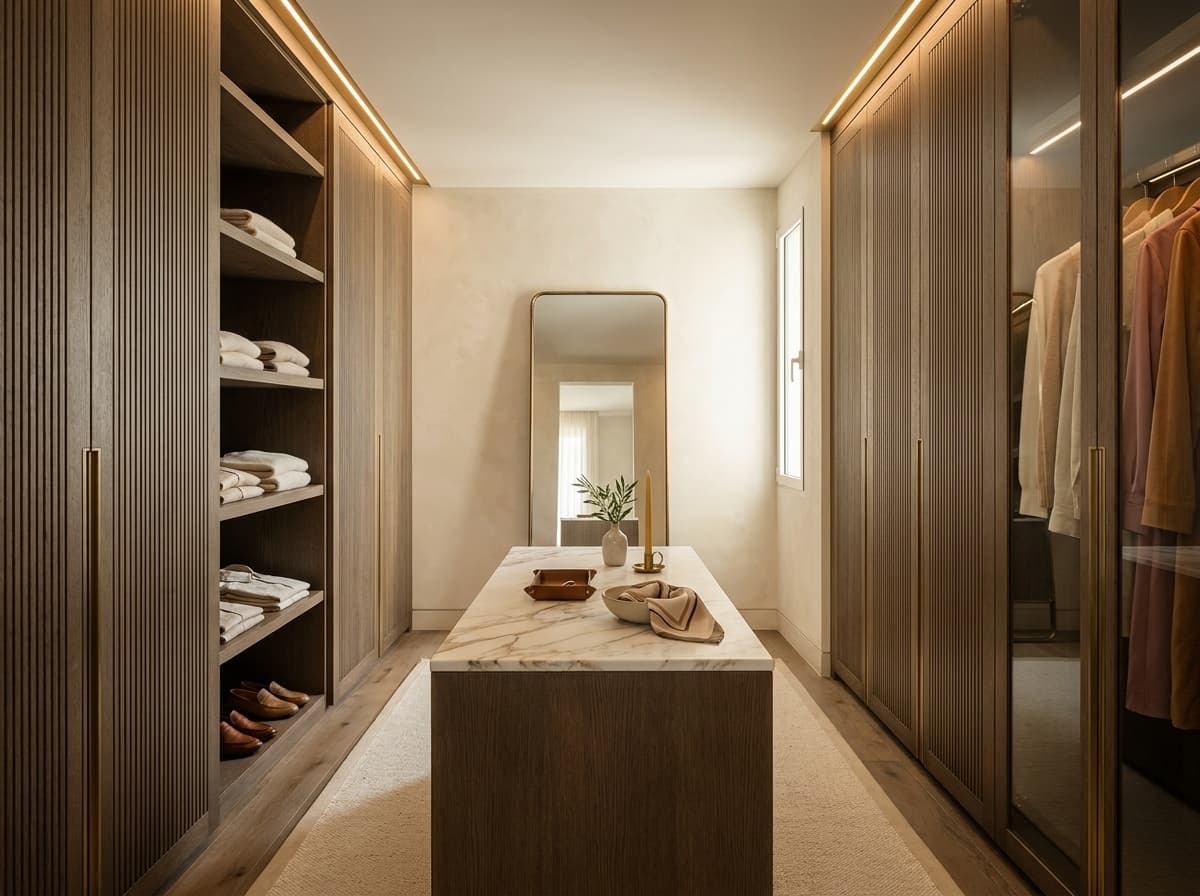 Master walk-in closet — smoked oak gallery with Calacatta-topped island