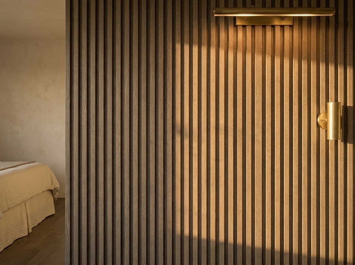 Living-room fluted oak paneling — vertical staves catching evening light