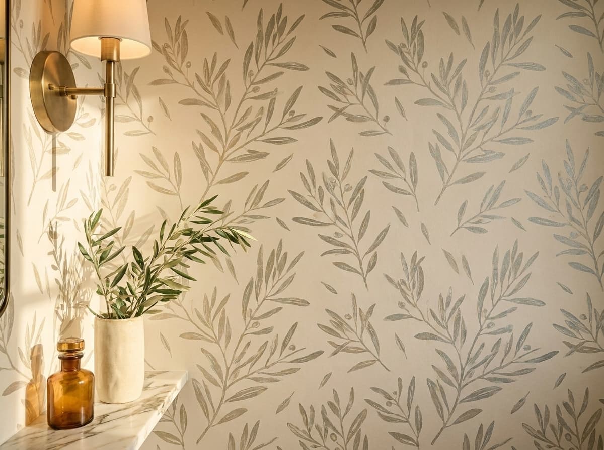 Botanical wallpaper accent wall — sage and ochre on cream