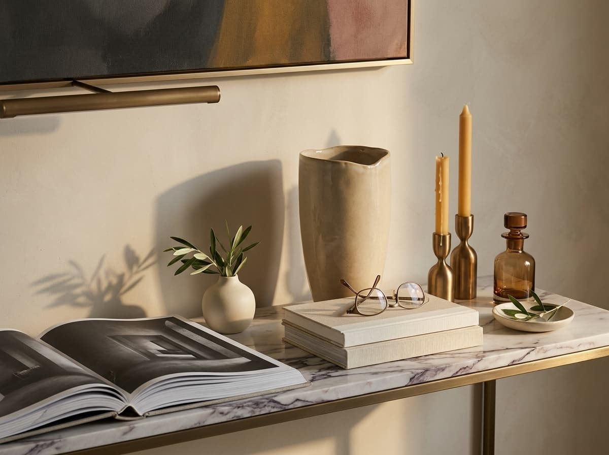 Walnut console still-life — Calacatta tray, hand-thrown ceramics and books