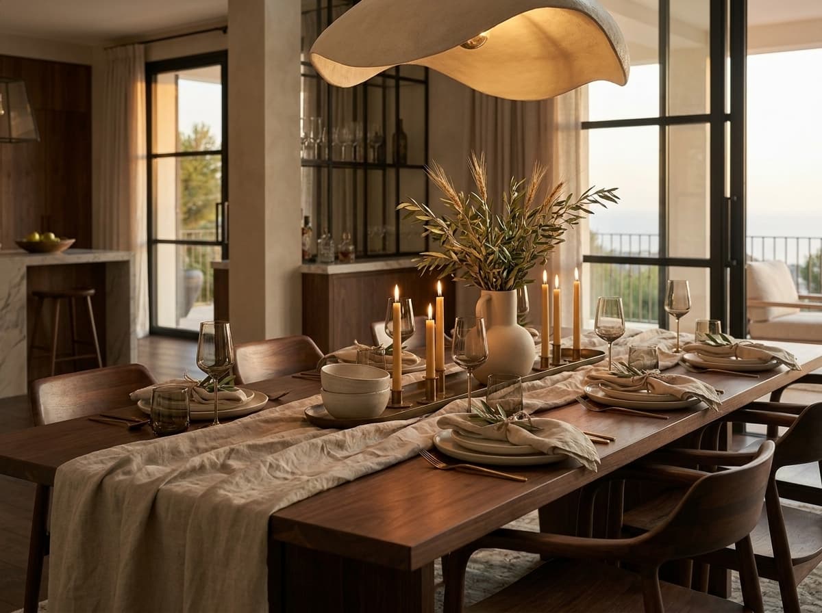 Dining table dressed for ten — oat linen, Calacatta Viola and bronze