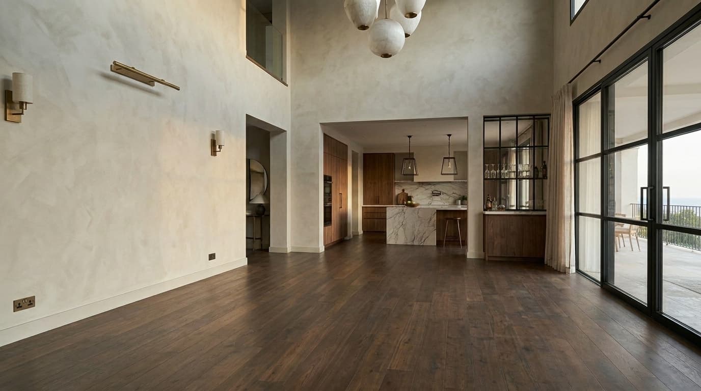 During — walnut and travertine in place, before furnishing