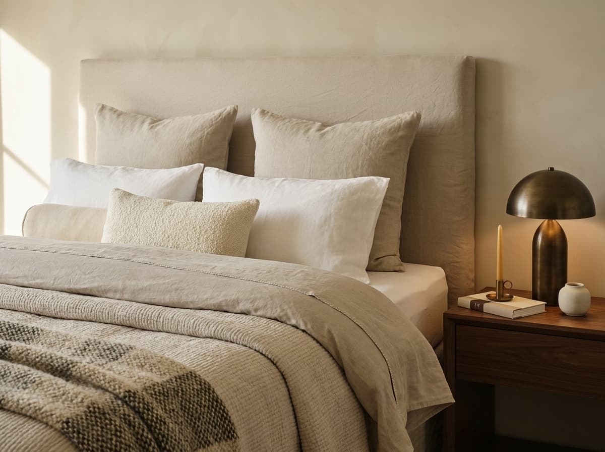 Master bed — washed linen, ivory cashmere and a charcoal-velvet runner